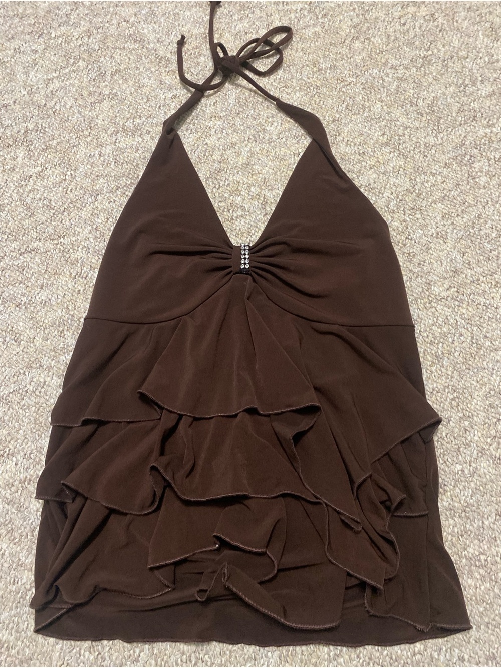 Y2K/2000s Women’s Brown Ruffle Halter Tank Top with Rhinestone Accent - Size L